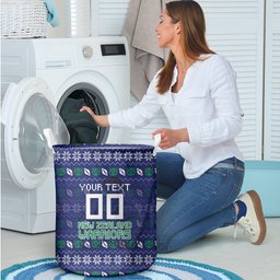Personalized New Zealand Warriors Christmas Laundry Basket Maori Rugby Fans - Pixelated Ugly Xmas Pattern Mascot Santa