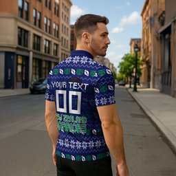 Personalized New Zealand Warriors Christmas Zipper Polo Shirt Maori Rugby Fans - Pixelated Ugly Xmas Pattern Mascot Santa