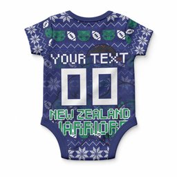 Personalized New Zealand Warriors Christmas Baby Onesie Maori Rugby Fans - Pixelated Ugly Xmas Pattern Mascot Santa