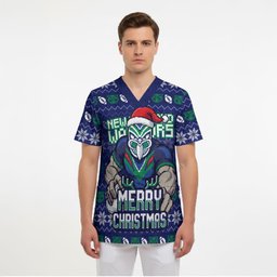 Personalized New Zealand Warriors Christmas Scrub Top Maori Rugby Fans - Pixelated Ugly Xmas Pattern Mascot Santa