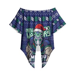 Personalized New Zealand Warriors Christmas Off Shoulder Wrap Waist Top Maori Rugby Fans - Pixelated Ugly Xmas Pattern Mascot Santa