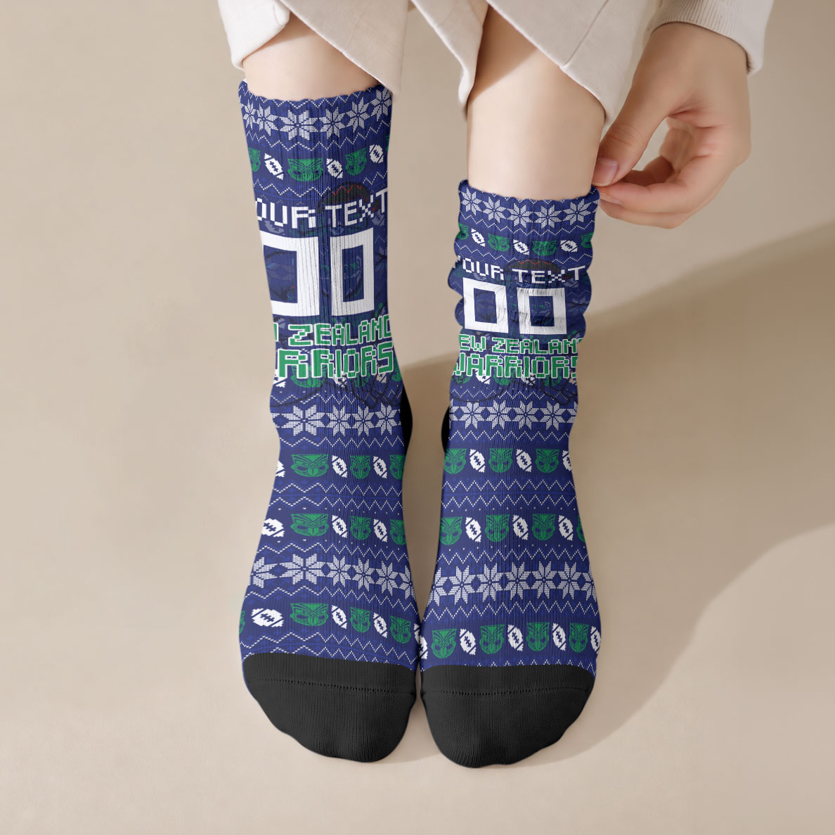 Personalized New Zealand Warriors Christmas Crew Socks Maori Rugby Fans - Pixelated Ugly Xmas Pattern Mascot Santa