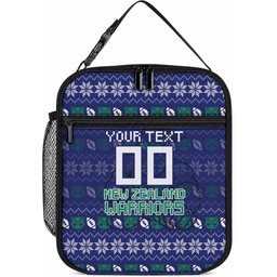 Personalized New Zealand Warriors Christmas Lunch Bag Maori Rugby Fans - Pixelated Ugly Xmas Pattern Mascot Santa
