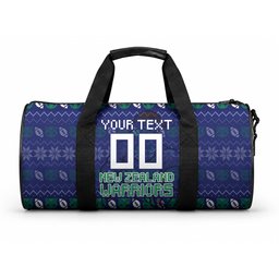 Personalized New Zealand Warriors Christmas Duffle Bag Maori Rugby Fans - Pixelated Ugly Xmas Pattern Mascot Santa