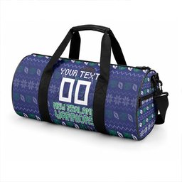 Personalized New Zealand Warriors Christmas Duffle Bag Maori Rugby Fans - Pixelated Ugly Xmas Pattern Mascot Santa