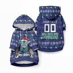 Personalized New Zealand Warriors Christmas Pet Hoodie Maori Rugby Fans - Pixelated Ugly Xmas Pattern Mascot Santa