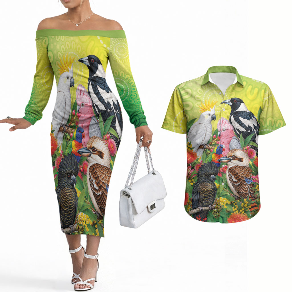 Australian Native Birds Couples Matching Off The Shoulder Long Sleeve Dress and Hawaiian Shirt Art Dot Painting Pattern