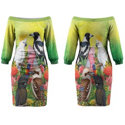 Australian Native Birds Family Matching Off The Shoulder Long Sleeve Dress and Hawaiian Shirt Art Dot Painting Pattern