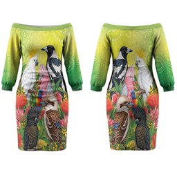 Australian Native Birds Couples Matching Off The Shoulder Long Sleeve Dress and Long Sleeve Button Shirt Art Dot Painting Pattern