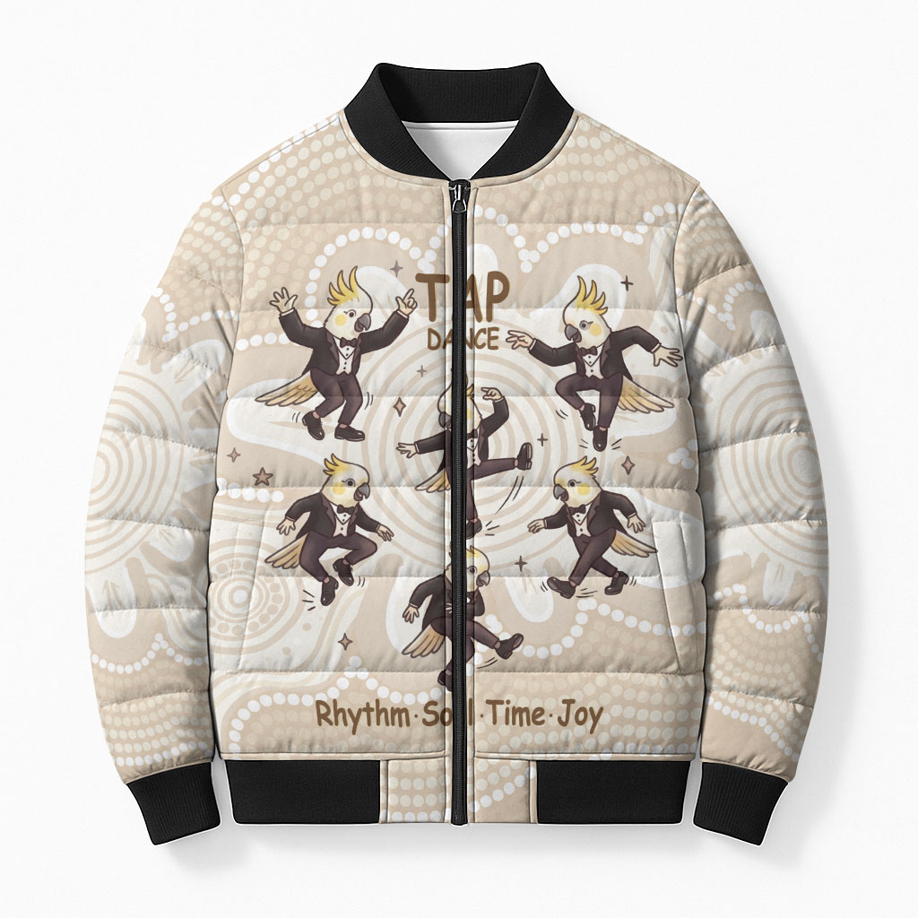Tap Dance Australia Personalised Bomber Puffer Jacket Yellow-crested Cockatoo Indigenous Art