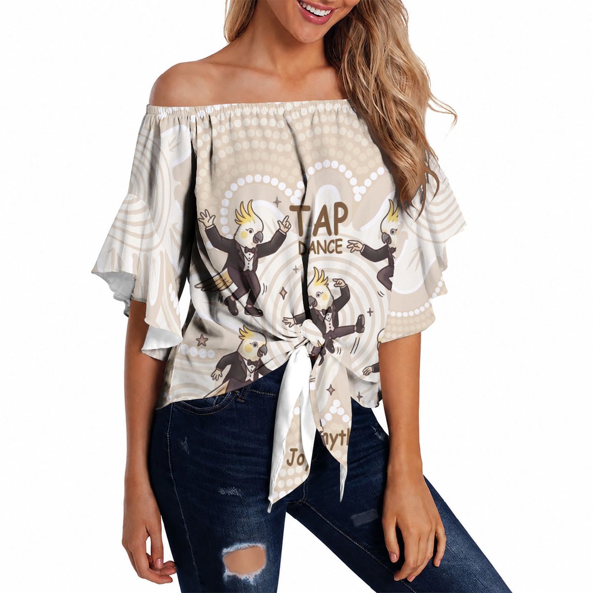 Tap Dance Australia Personalised Off Shoulder Wrap Waist Top Yellow-crested Cockatoo Indigenous Art