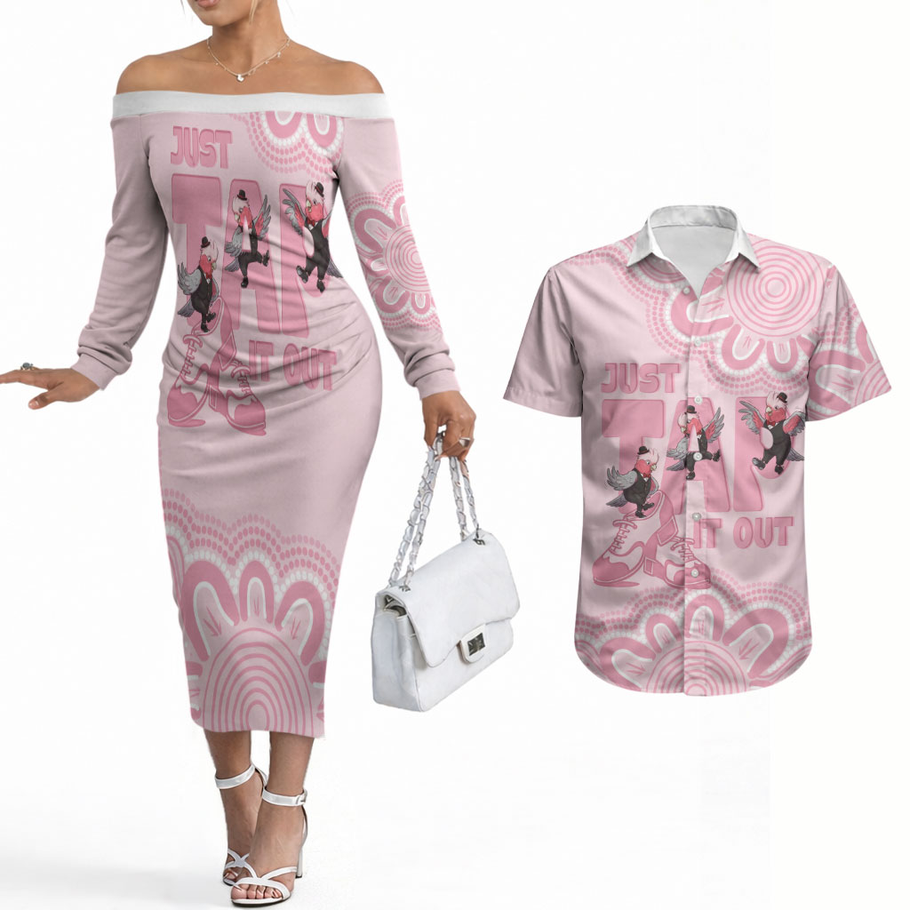 Tap Dance Australia Couples Matching Off The Shoulder Long Sleeve Dress and Hawaiian Shirt Pink Galah Just Tap It Out