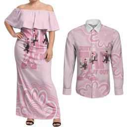 Tap Dance Australia Couples Matching Off Shoulder Maxi Dress and Long Sleeve Button Shirt Pink Galah Just Tap It Out