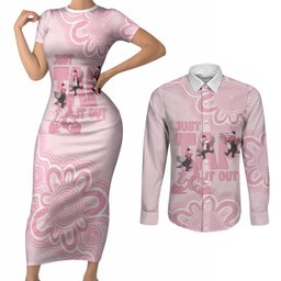Tap Dance Australia Couples Matching Short Sleeve Bodycon Dress and Long Sleeve Button Shirt Pink Galah Just Tap It Out