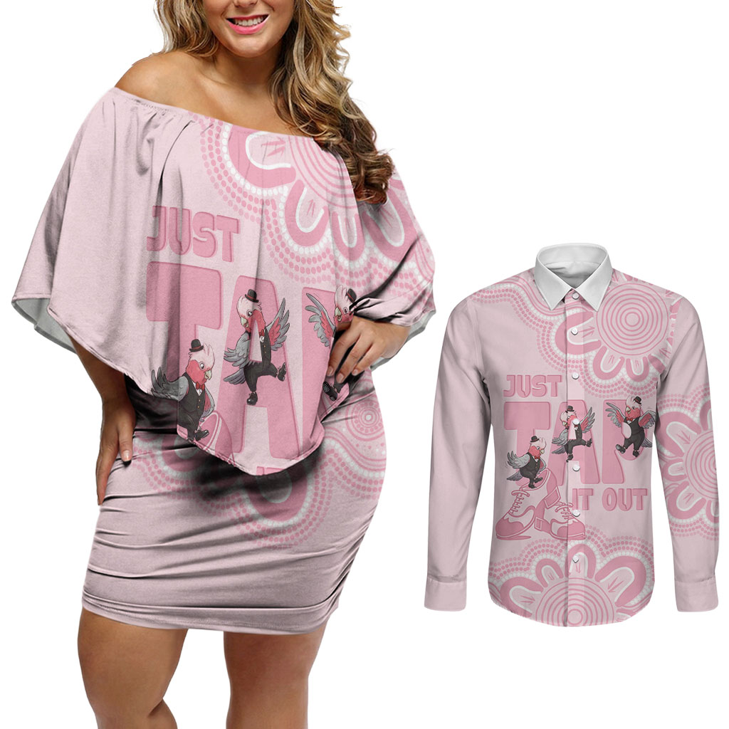 Tap Dance Australia Couples Matching Off Shoulder Short Dress and Long Sleeve Button Shirt Pink Galah Just Tap It Out