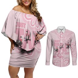 Tap Dance Australia Couples Matching Off Shoulder Short Dress and Long Sleeve Button Shirt Pink Galah Just Tap It Out