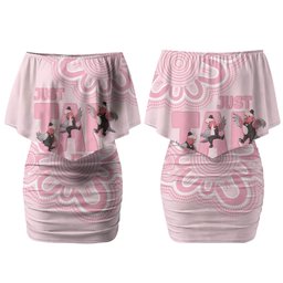 Tap Dance Australia Couples Matching Off Shoulder Short Dress and Long Sleeve Button Shirt Pink Galah Just Tap It Out