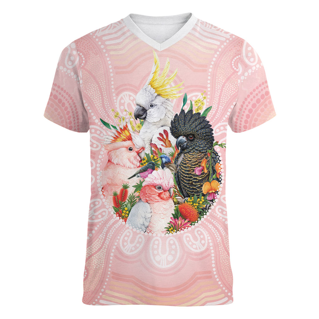 Australian Cockatoos Women V-Neck T-Shirt Flora Aboriginal Dot Art Pattern