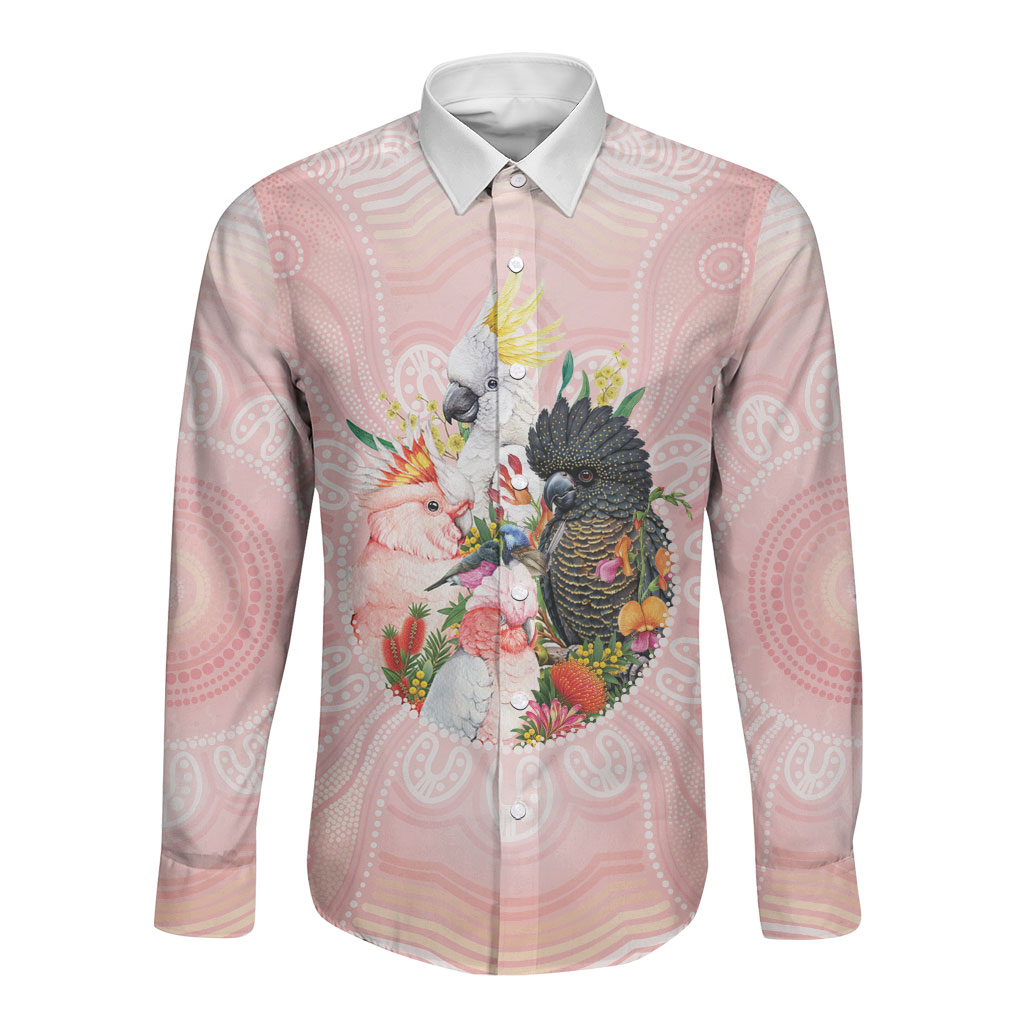 Australian Cockatoos Long Sleeve Button Shirt Flora Aboriginal Dot Art Pattern