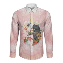 Australian Cockatoos Long Sleeve Button Shirt Flora Aboriginal Dot Art Pattern