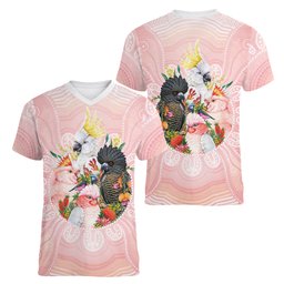 Australian Cockatoos Women V-Neck T-Shirt Flora Aboriginal Dot Art Pattern