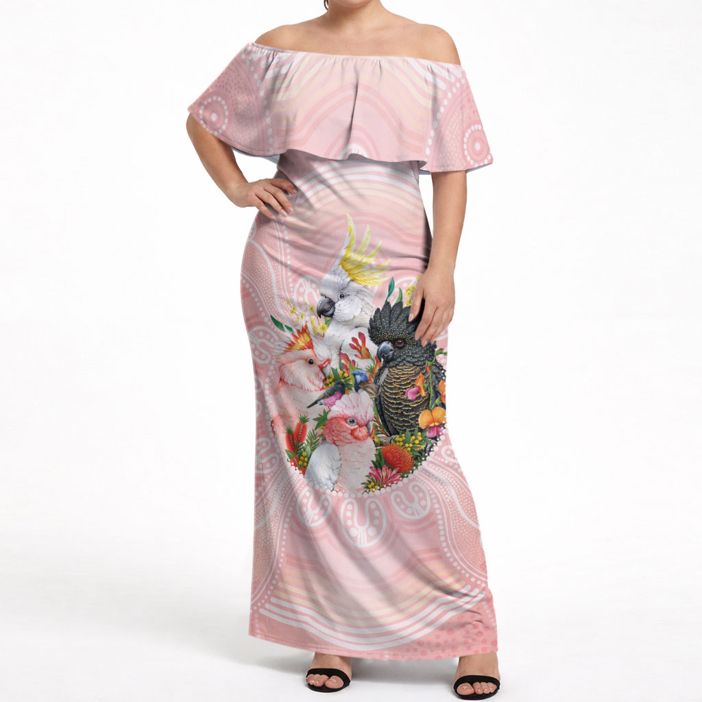 Australian Cockatoos Off Shoulder Maxi Dress Flora Aboriginal Dot Art Pattern