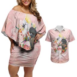 Australian Cockatoos Couples Matching Off Shoulder Short Dress and Hawaiian Shirt Flora Aboriginal Dot Art Pattern