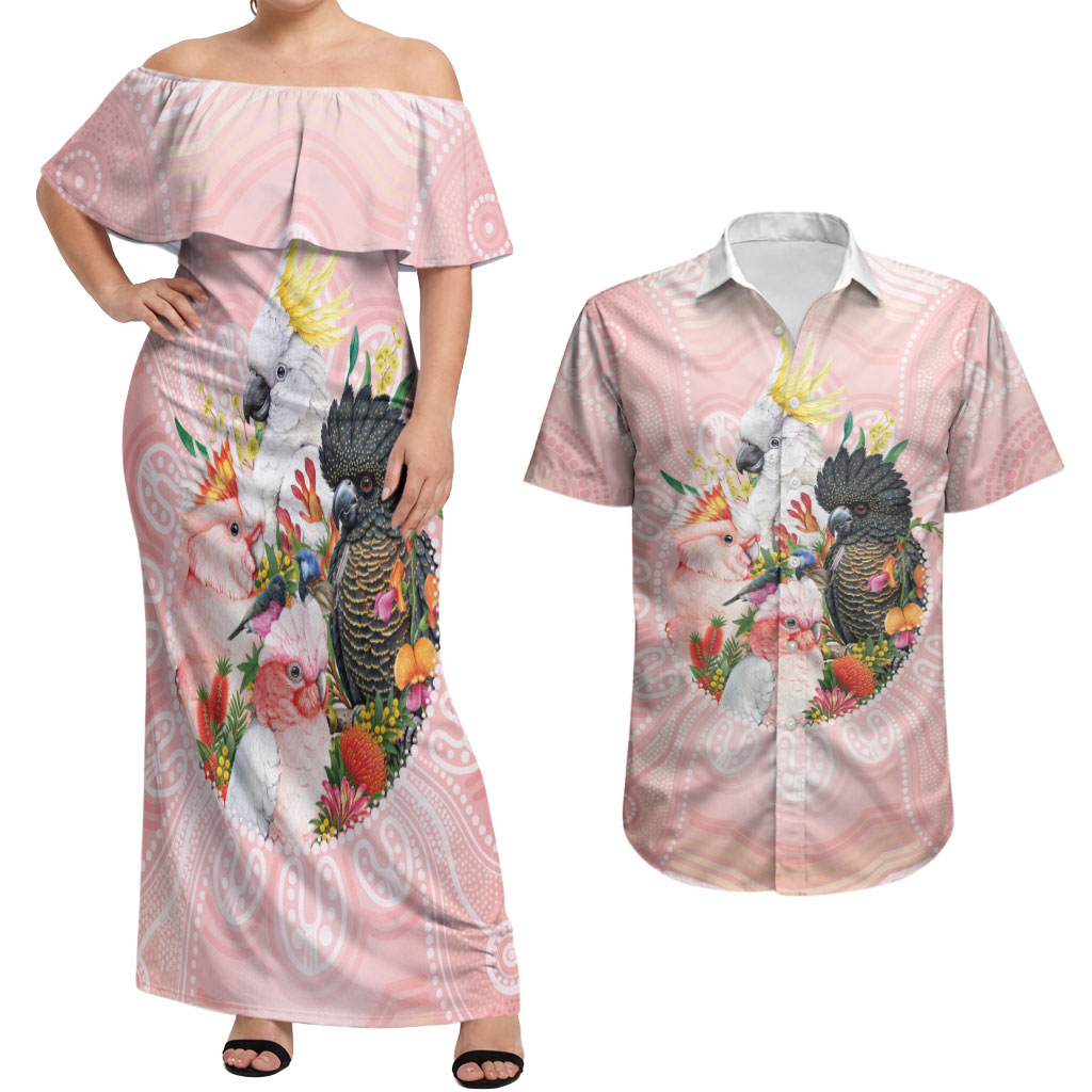 Australian Cockatoos Couples Matching Off Shoulder Maxi Dress and Hawaiian Shirt Flora Aboriginal Dot Art Pattern