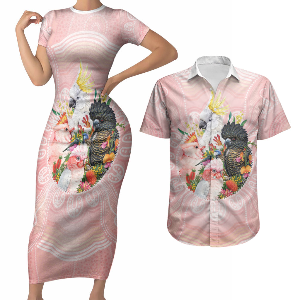 Australian Cockatoos Couples Matching Short Sleeve Bodycon Dress and Hawaiian Shirt Flora Aboriginal Dot Art Pattern