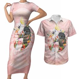 Australian Cockatoos Couples Matching Short Sleeve Bodycon Dress and Hawaiian Shirt Flora Aboriginal Dot Art Pattern