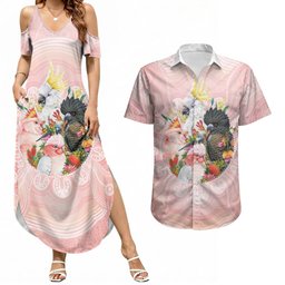 Australian Cockatoos Couples Matching Summer Maxi Dress and Hawaiian Shirt Flora Aboriginal Dot Art Pattern