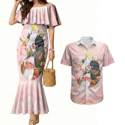 Australian Cockatoos Couples Matching Mermaid Dress and Hawaiian Shirt Flora Aboriginal Dot Art Pattern