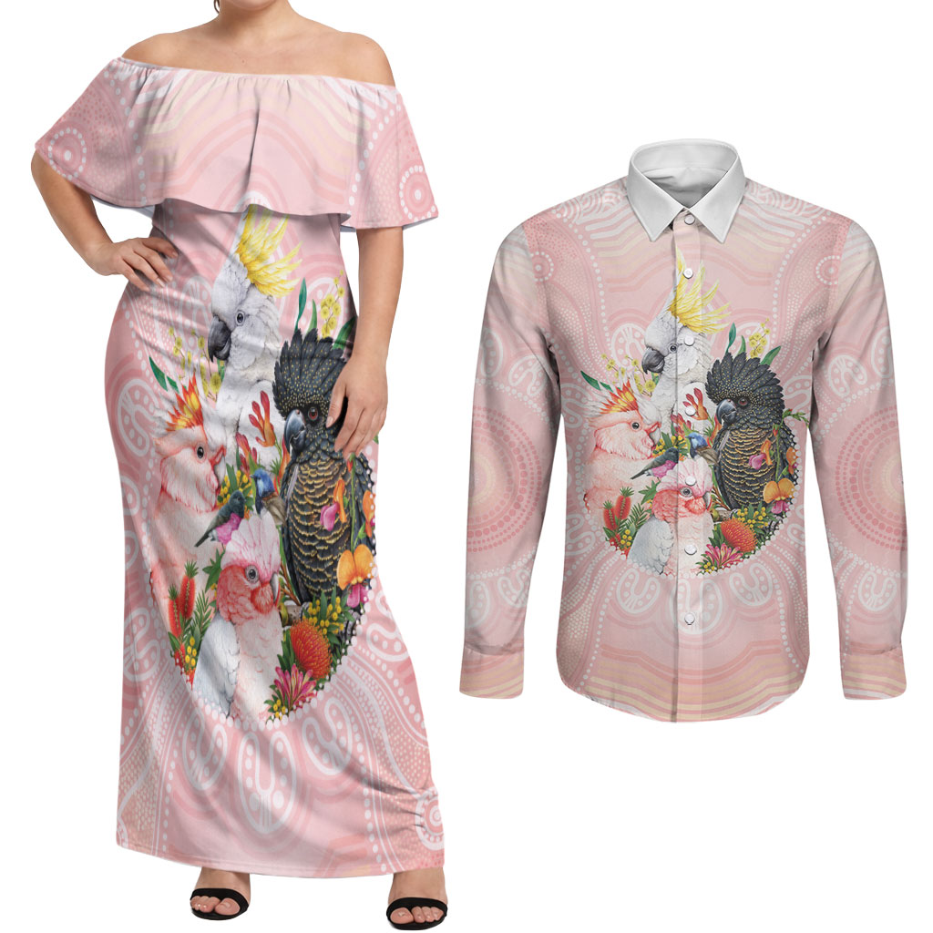 Australian Cockatoos Couples Matching Off Shoulder Maxi Dress and Long Sleeve Button Shirt Flora Aboriginal Dot Art Pattern