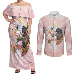 Australian Cockatoos Couples Matching Off Shoulder Maxi Dress and Long Sleeve Button Shirt Flora Aboriginal Dot Art Pattern