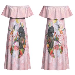 Australian Cockatoos Couples Matching Off Shoulder Maxi Dress and Long Sleeve Button Shirt Flora Aboriginal Dot Art Pattern
