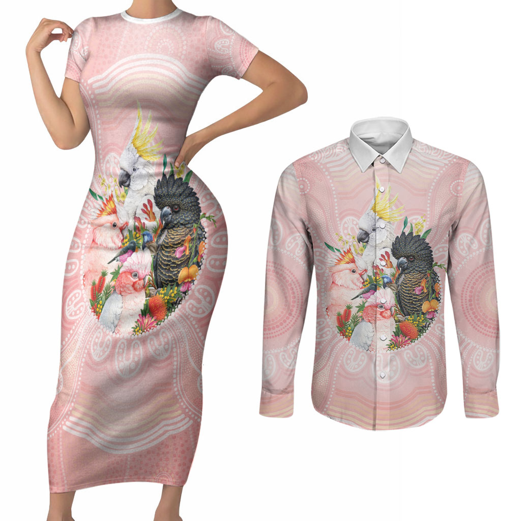 Australian Cockatoos Couples Matching Short Sleeve Bodycon Dress and Long Sleeve Button Shirt Flora Aboriginal Dot Art Pattern
