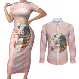 Australian Cockatoos Couples Matching Short Sleeve Bodycon Dress and Long Sleeve Button Shirt Flora Aboriginal Dot Art Pattern