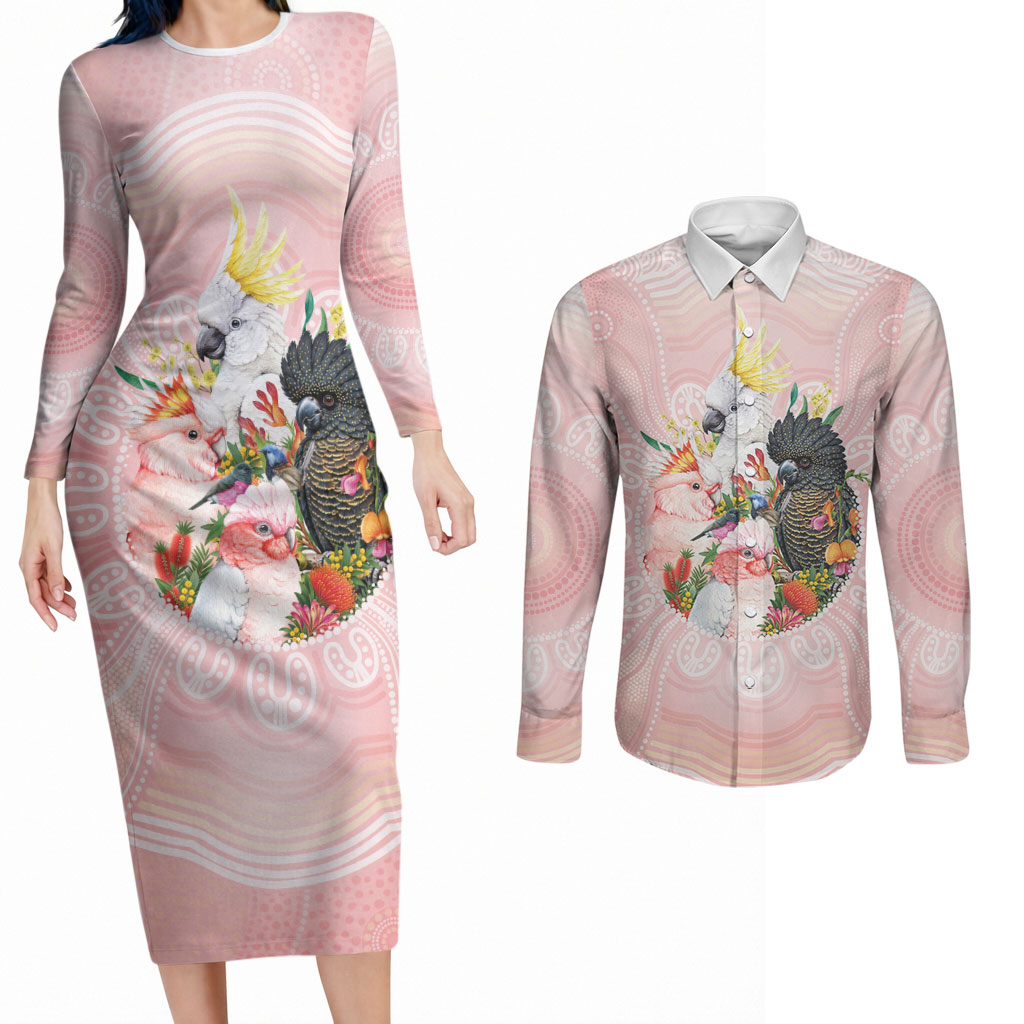 Australian Cockatoos Couples Matching Long Sleeve Bodycon Dress and Long Sleeve Button Shirt Flora Aboriginal Dot Art Pattern