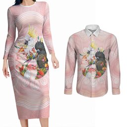 Australian Cockatoos Couples Matching Long Sleeve Bodycon Dress and Long Sleeve Button Shirt Flora Aboriginal Dot Art Pattern