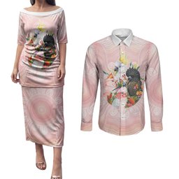 Australian Cockatoos Couples Matching Puletasi and Long Sleeve Button Shirt Flora Aboriginal Dot Art Pattern