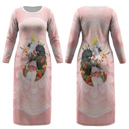 Australian Cockatoos Couples Matching Long Sleeve Bodycon Dress and Long Sleeve Button Shirt Flora Aboriginal Dot Art Pattern