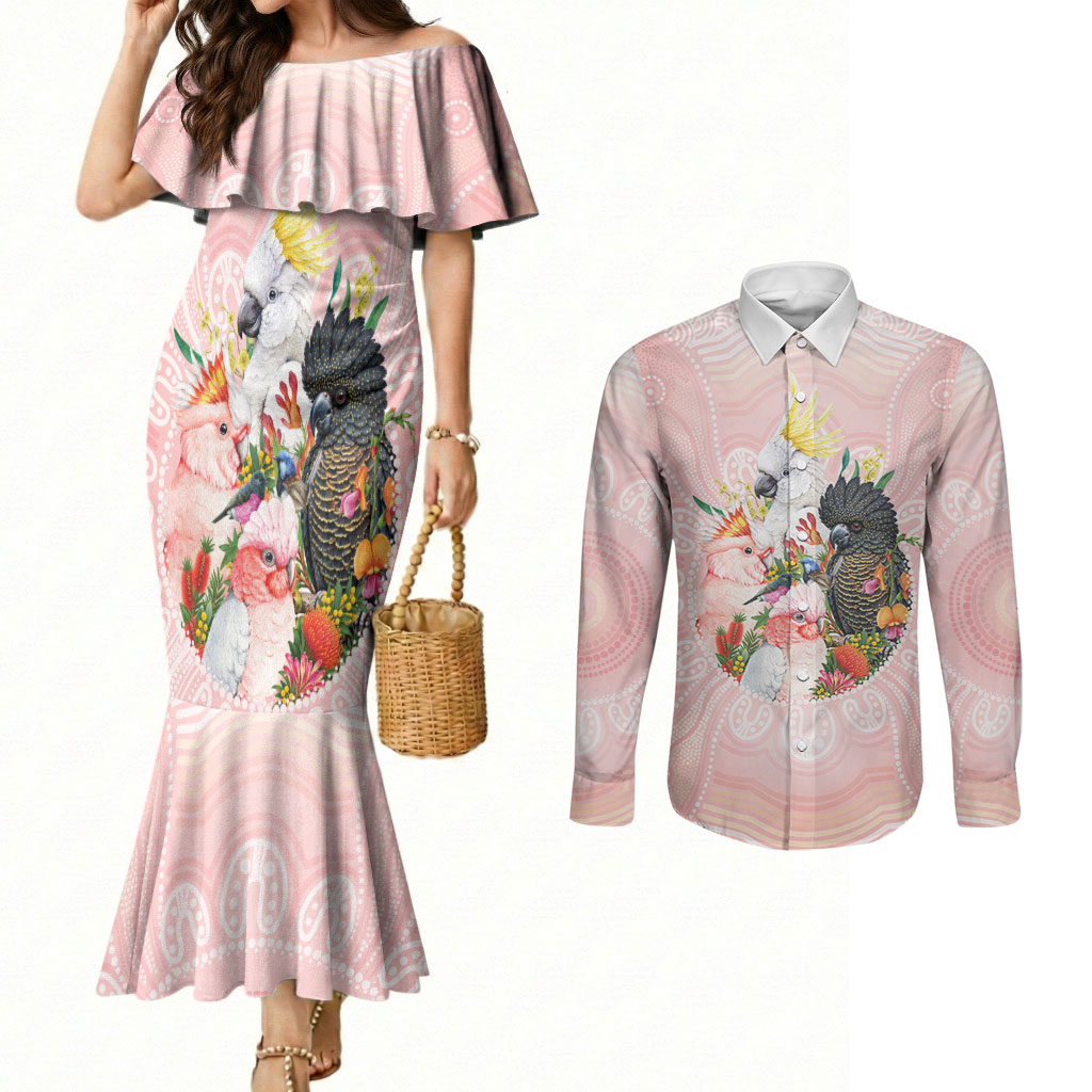 Australian Cockatoos Couples Matching Mermaid Dress and Long Sleeve Button Shirt Flora Aboriginal Dot Art Pattern
