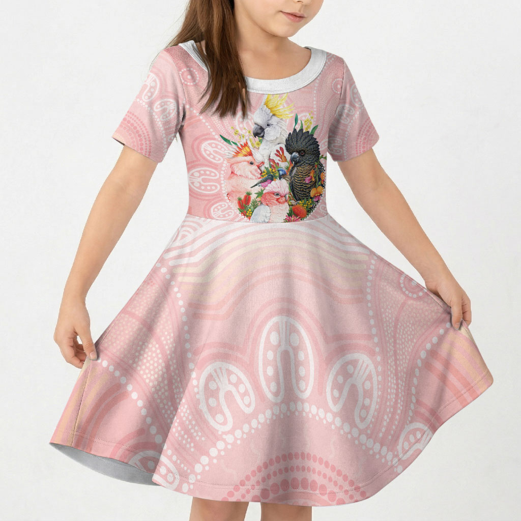 Australian Cockatoos Kid Short Sleeve Dress Flora Aboriginal Dot Art Pattern
