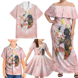 Australian Cockatoos Family Matching Off Shoulder Maxi Dress and Hawaiian Shirt Flora Aboriginal Dot Art Pattern