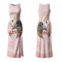 Australian Cockatoos Couples Matching Tank Maxi Dress and Long Sleeve Button Shirt Flora Aboriginal Dot Art Pattern