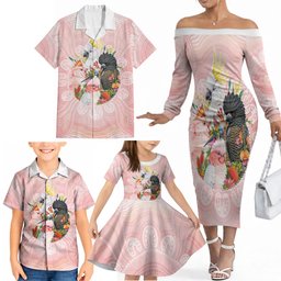 Australian Cockatoos Family Matching Off The Shoulder Long Sleeve Dress and Hawaiian Shirt Flora Aboriginal Dot Art Pattern