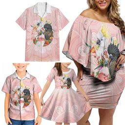 Australian Cockatoos Family Matching Off Shoulder Short Dress and Hawaiian Shirt Flora Aboriginal Dot Art Pattern