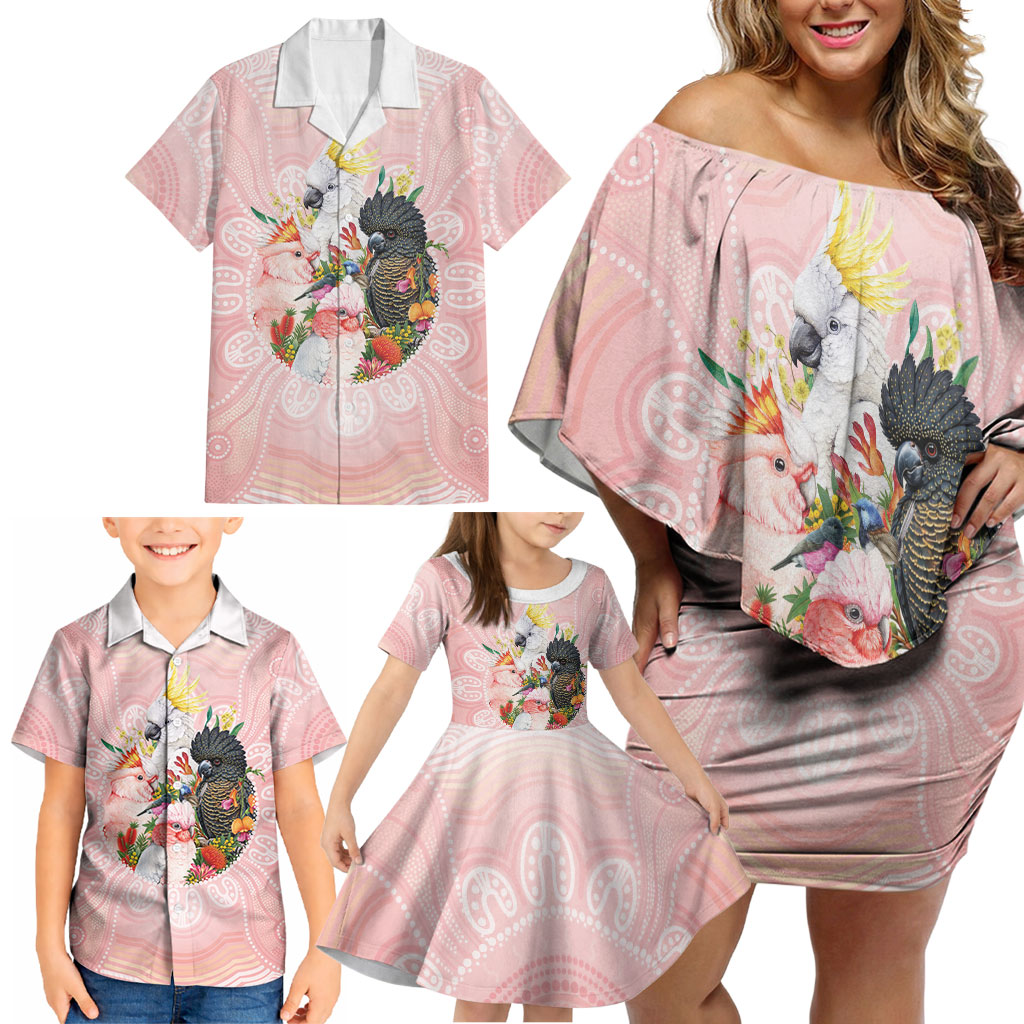 Australian Cockatoos Family Matching Off Shoulder Short Dress and Hawaiian Shirt Flora Aboriginal Dot Art Pattern