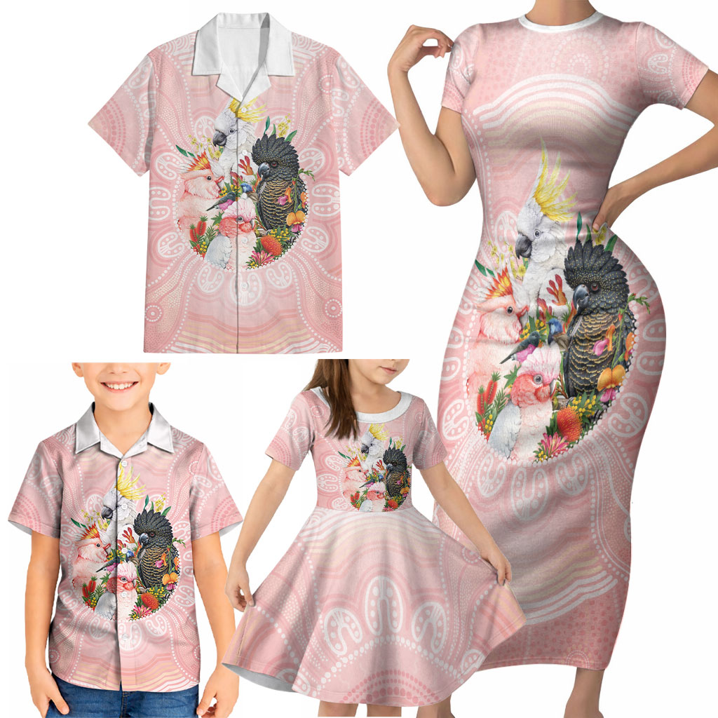 Australian Cockatoos Family Matching Short Sleeve Bodycon Dress and Hawaiian Shirt Flora Aboriginal Dot Art Pattern