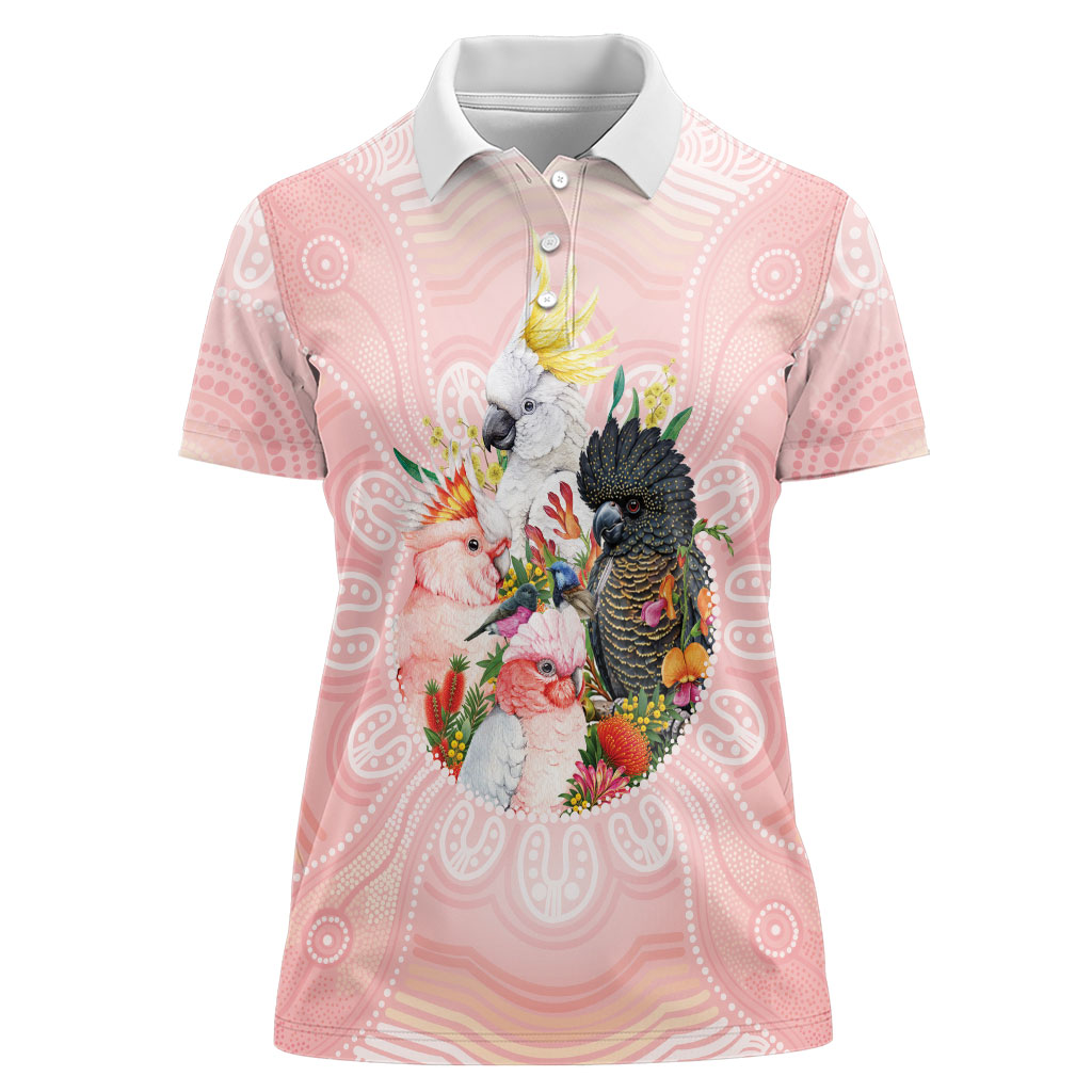 Australian Cockatoos Women Polo Shirt Flora Aboriginal Dot Art Pattern